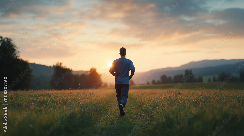 man jogging in field during sunset, surrounded by nature and mountains, conveying sense of freedom and tranquility.