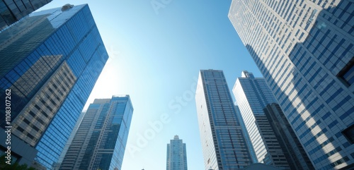 A captivating view of modern skyscrapers reaching for the clear blue sky, symbolizing business growth, urban development, and architectural innovation.