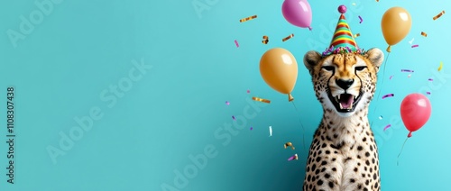 A cheetah is wearing a party hat and surrounded by balloons photo