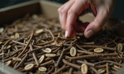 A close-up of a hand delicately sorting through natural materials, creating a serene connection to nature and craftsmanship. Ideal for themes of sustainability and artisan work. photo