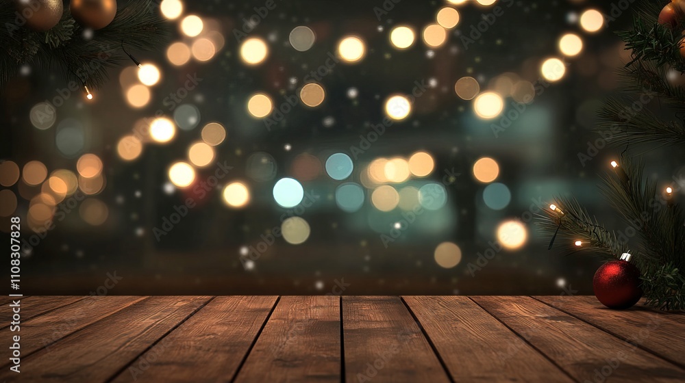 Christmas mockup with decoration in the foreground and Christmas lights in the background blurred, with wooden floor and space for text Christmas mockup with decoration in the foreground and Christmas lights in the background blurred, with wooden floor and space for text