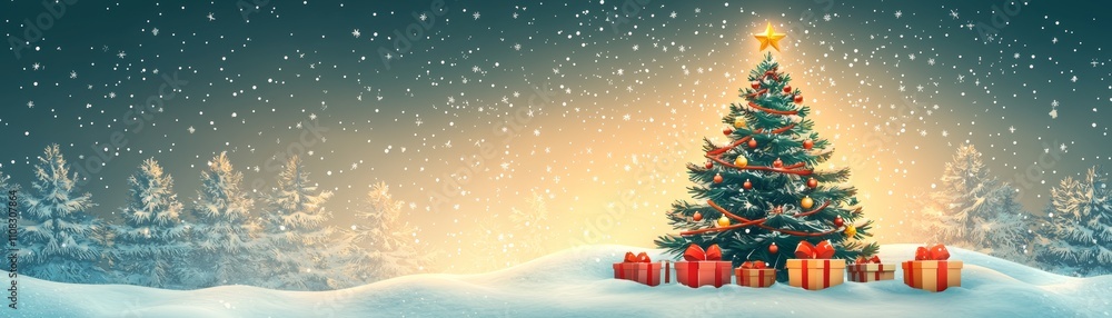 A cozy winter scene featuring a decorated Christmas tree surrounded by colorful presents, all set against a snowy backdrop with gentle snowfall. A cozy winter scene featuring a decorated Christmas tree surrounded by colorful presents, all set against a snowy backdrop with gentle snowfall.