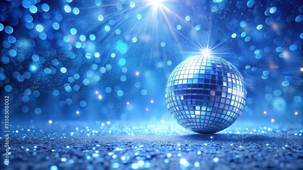 Fototapeta premium A sparkling disco ball rests on a shimmering surface, bathed in a blue spotlight, surrounded by a flurry of bokeh effects.