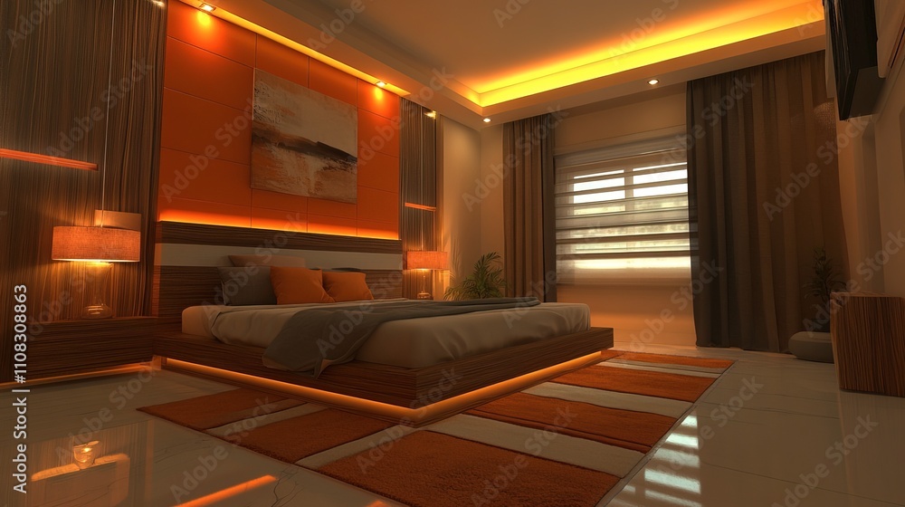 Fototapeta premium Modern bedroom interior featuring a platform bed, accent wall, and recessed lighting 