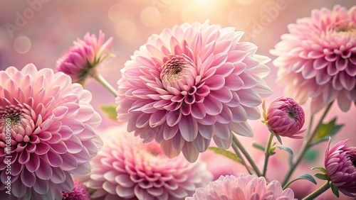 A bouquet of delicate pink chrysanthemums, their soft petals unfurling in the gentle glow of sunlight.