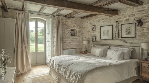 French country interior design of modern bedroom in farmhouse. 