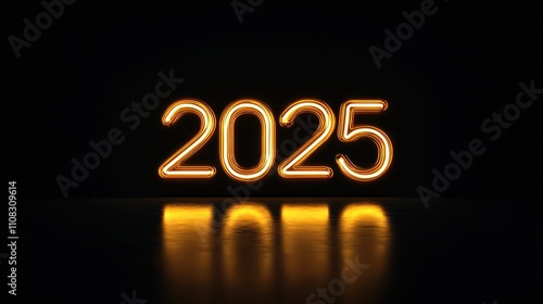 glowing neon 2025 numbers on dark background with reflection
