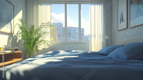 A soothing bedroom featuring a large, comfortable bed with sky-blue bedding, ample natural light, and a serene, minimalist aesthetic.  