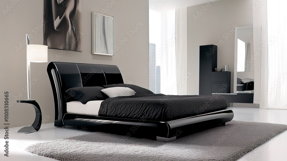 Fototapeta premium Sleek, sophisticated black bedroom furniture with modern Italian flair exudes luxury and contemporary style, perfecting 