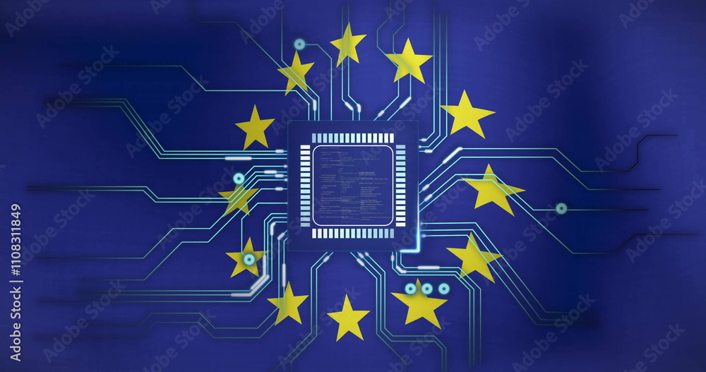 Fototapeta premium Image of, Microchip and circuitry over European Union flag with stars