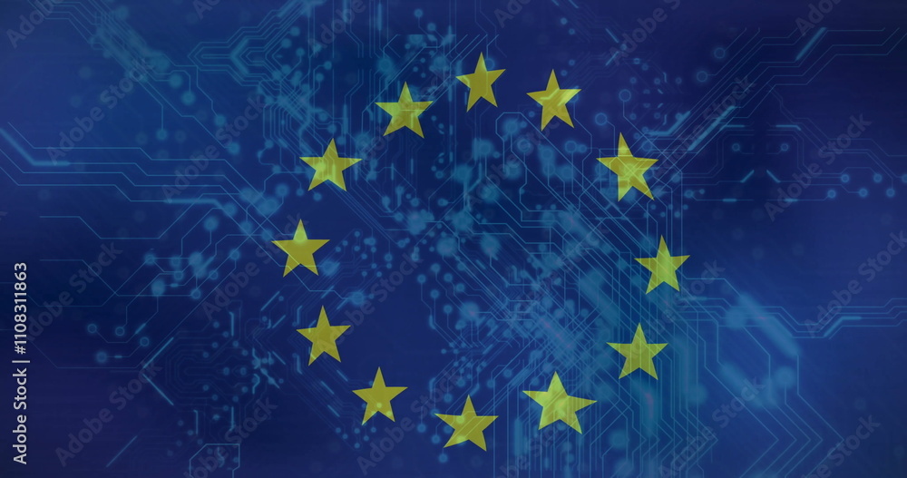 Fototapeta premium Image of, European Union flag over digital circuit board, representing technology and connectivity