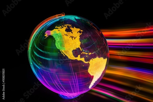 A digital representation of a wireframe globe highlighting time zones with neon accents on a dark backdrop. photo