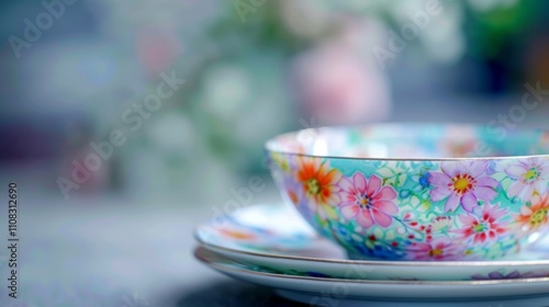 Defocused view of colorful floral patterns on tea plates.