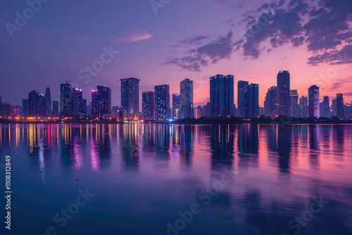 Wallpaper Mural A city skyline is reflected in the water at sunset. The city is lit up with lights, creating a warm and inviting atmosphere Torontodigital.ca