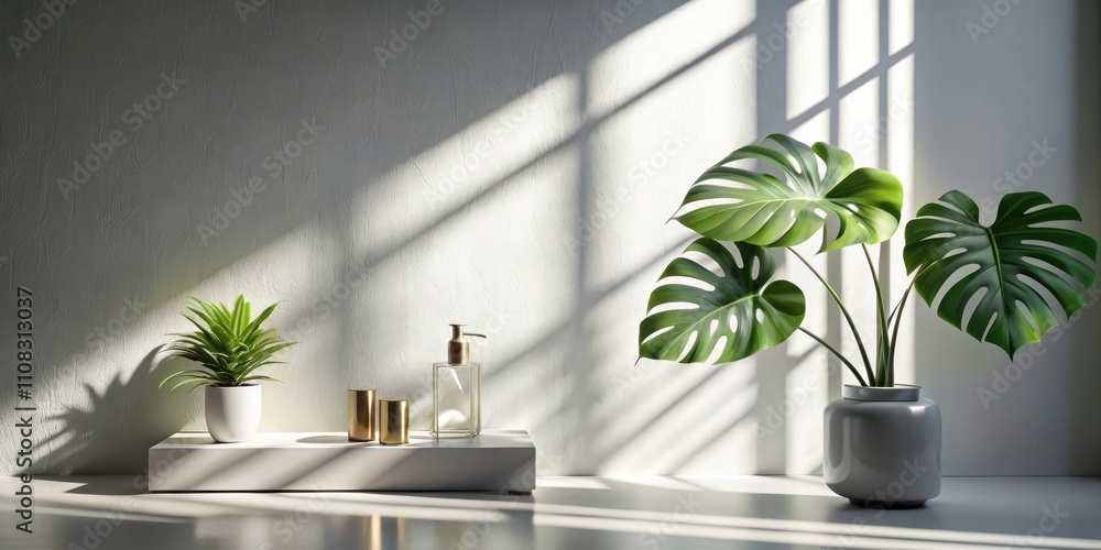 Minimalist interior design with a large leafy plant, golden accents, and natural light filtering through a window. Minimalist interior design with a large leafy plant, golden accents, and natural light filtering through a window.