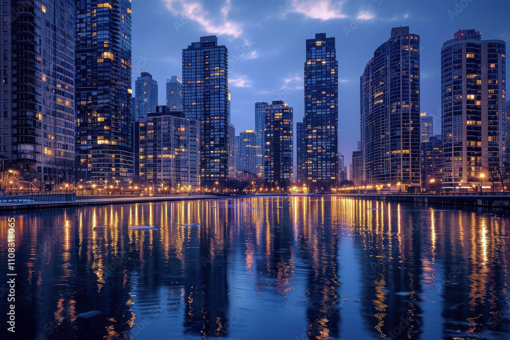Fototapeta premium A city skyline is reflected in the water at sunset. The city is lit up with lights, creating a warm and inviting atmosphere
