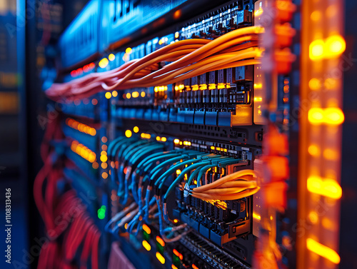 Modern electrical enclosure with neatly aligned cables and vibrant lights