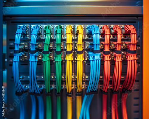 Modern electrical enclosure with neatly aligned cables in vibrant colors