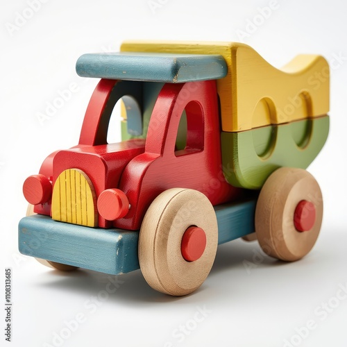 Multicolor wooden truck toy isolated on a white background