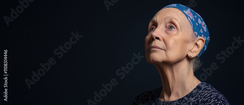 thoughtful elderly woman gazes upward, wearing blue headscarf and patterned sweater. flattering light highlights her serene expression and fine lines, creating poignant atmosphere photo