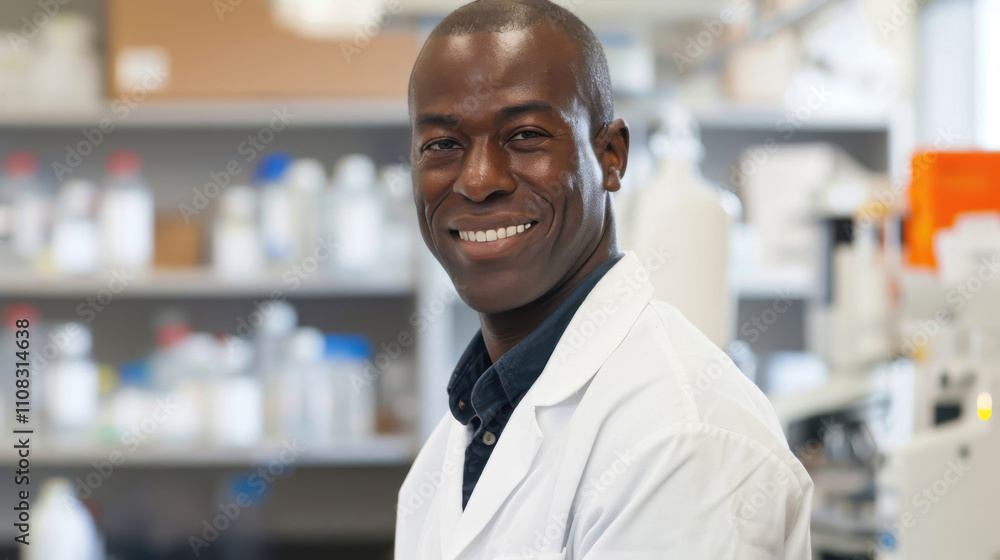 Obraz premium Smiling man in lab coat working in a modern laboratory setting
