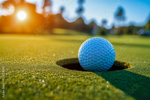 Close-up shot of a golf ball on the green just as it is going into the hole