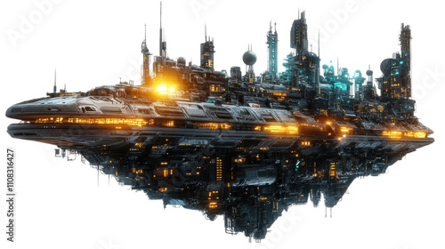 Fototapeta Naklejka Na Ścianę i Meble -  Futuristic spaceship floating city with transparent background