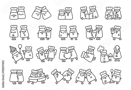 Set of cute kawaii salt shaker and pepper shaker pair characters with cheerful expressions, charming emotions, and playful activities designed for cooking, seasoning, and fun creative designs