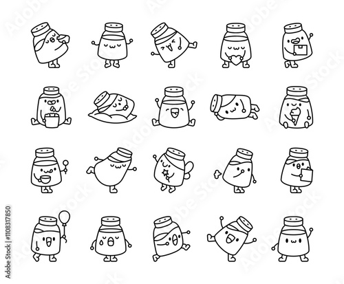 Cute kawaii salt shaker characters set featuring adorable expressions, fun poses for happy and joyful illustrations in food and spice related concepts