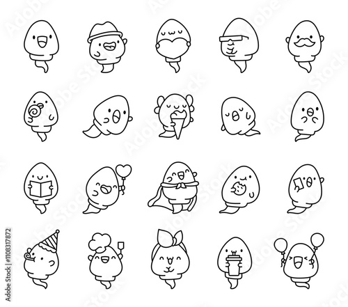 Set of sperm cartoon characters with funny emotions, adorable expressions, cute features, friendly looks, kawaii designs, and charming personality illustrations for creative uses