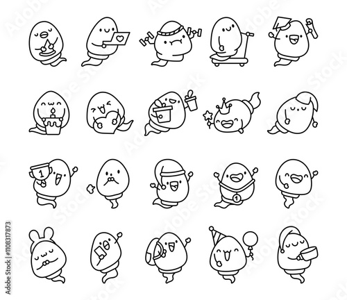 Set of sperm semen cute kawaii cartoon characters showing funny emotions with joyful expressions and charming moments for creative and delightful celebrations and happy cheerful moods