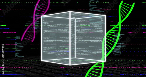 DNA strands and coding data image over glowing cube on dark background