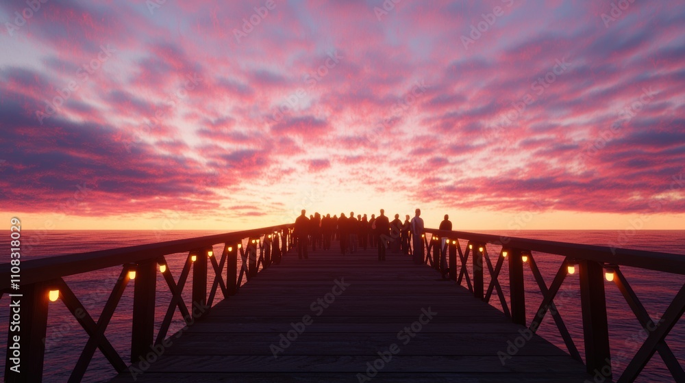 Obraz premium A group of people are standing on a pier at sunset