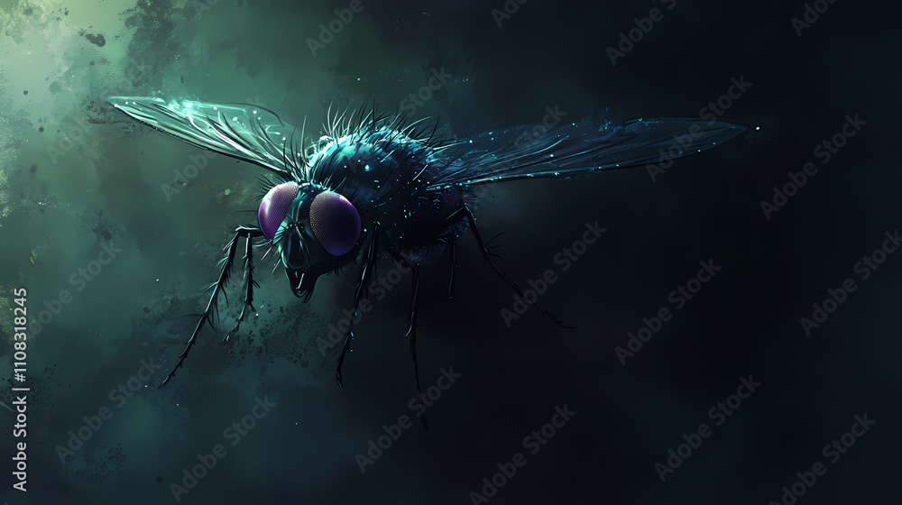 Fototapeta premium A captivating illustration of a luminous fly in a dark setting. phantasmagoric. illustration. Luminous. Illustration