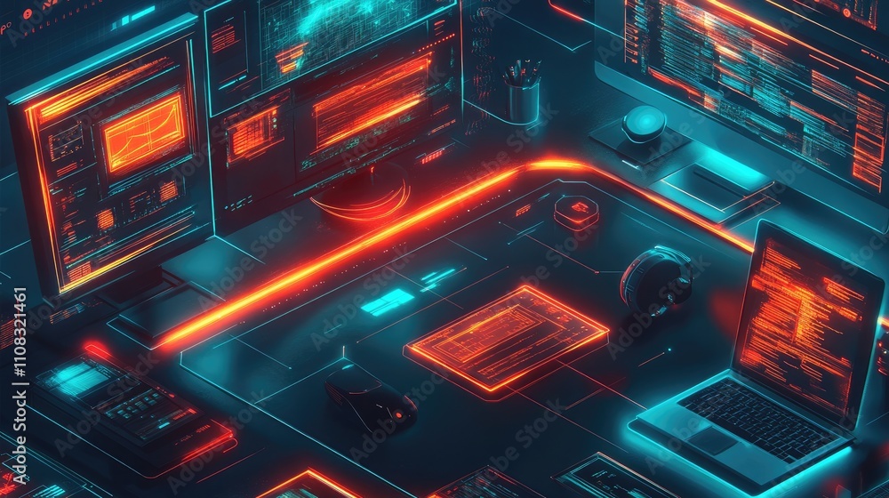 Obraz premium Futuristic Tech Workspace with Neon Accents