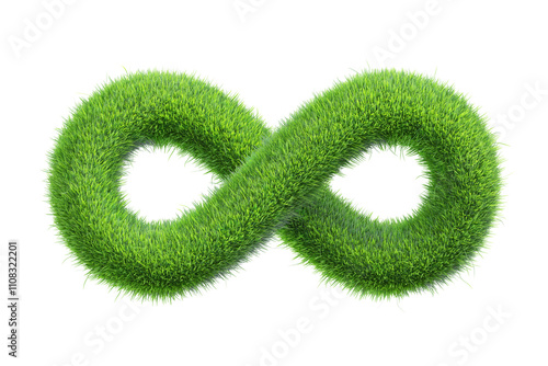 3D Infinity Green Grass on White Background. Nature Conservation, Planting or Pure Natural Energy. Flora and Ecology. Object with Clipping Path. 3D Illustration.