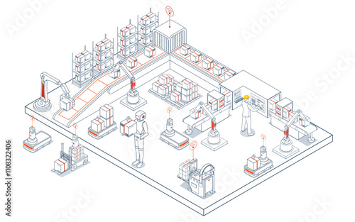 Automated warehouse logistics utilizing AGVs and AMRs for efficient robotic material handling, transportation, and comprehensive cargo management services. Vector illustration EPS 10