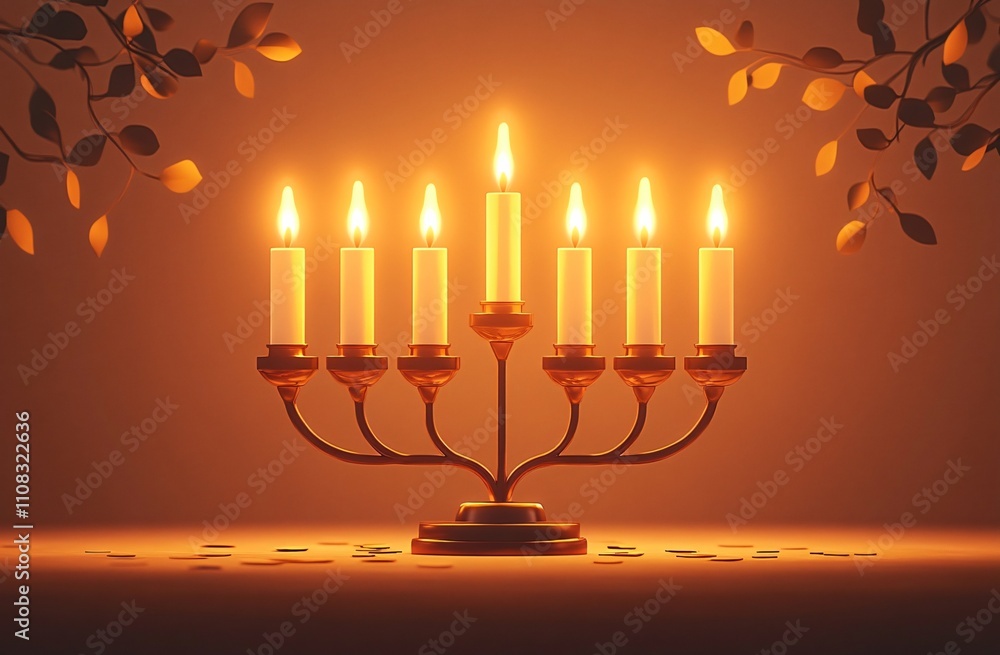 Fototapeta premium An elegant menorah illuminated for Hanukkah, capturing the essence of the festive season. Ideal for holiday cards, event promotions, or cultural celebrations.