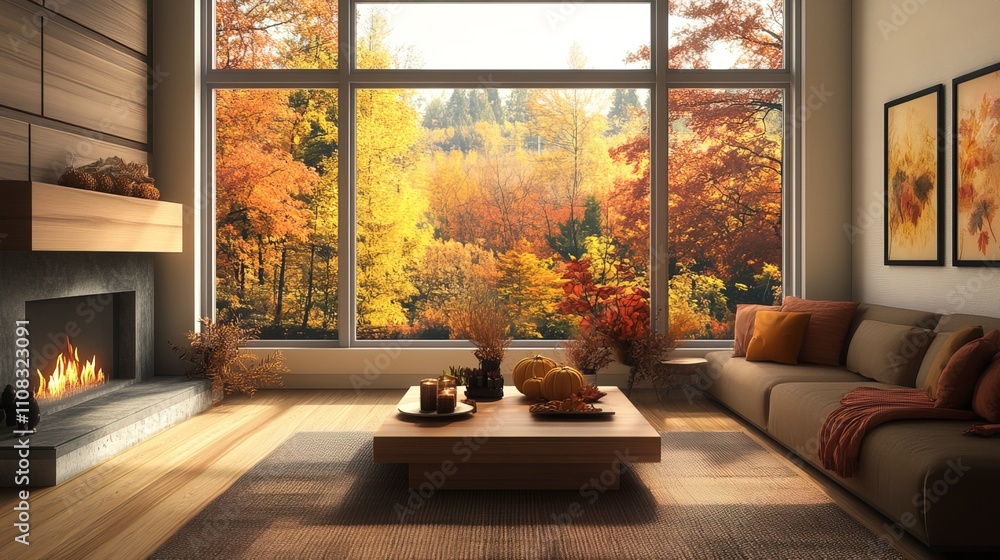 Obraz premium A cozy living room featuring modern and stylish decor with a fireplace, large windows providing a scenic view of vibrant fall foliage and an inviting autumn atmosphere.