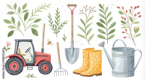 cute gardening tools set. Spring elements tractor shovel, rake, watering can, rubber boots, scoop, greenery. watercolor nice illustrations isolated on white background. gardening and horticulture 
 photo