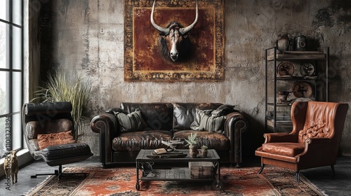 Retro americana decor in modern western gothic living room theme for print or poster   photo