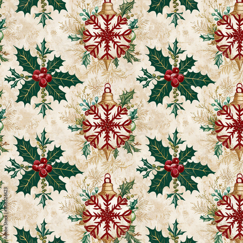 Festive holiday decorations feature ornaments and holly leaves in a charming pattern