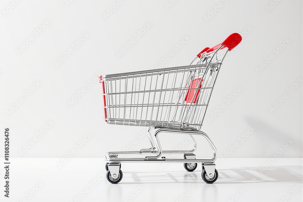 Minimalist Shopping Cart with Red Handles on White Background Minimalist Shopping Cart with Red Handles on White Background