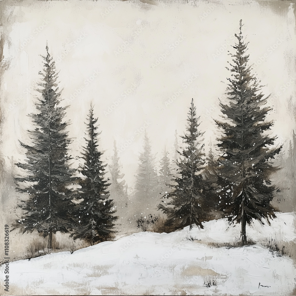 Fototapeta premium Winter trees on snowy landscape, oil painting, art, vintage style