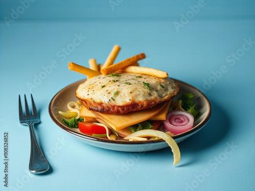 there is a plate with a sandwich and fries on it. photo