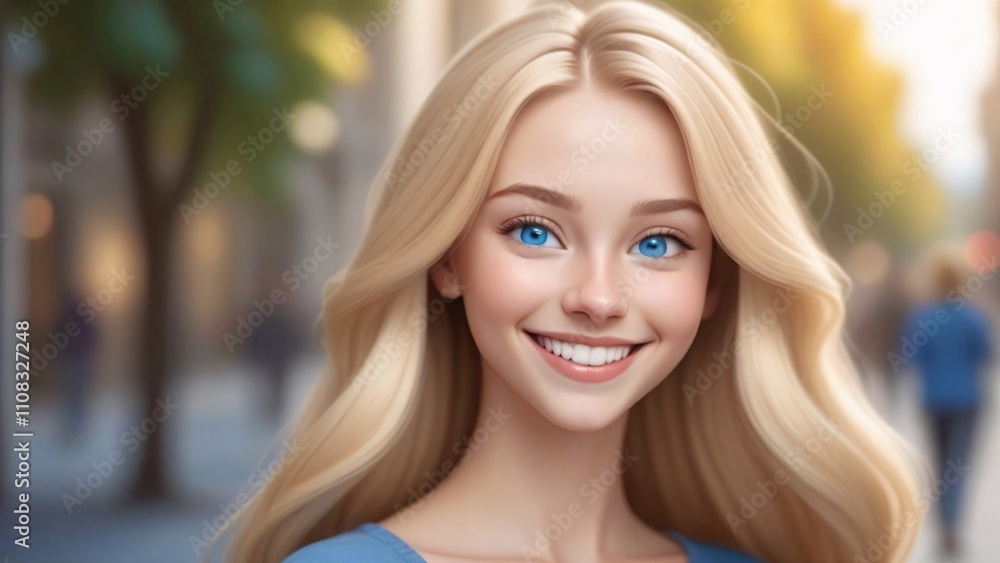 Fototapeta premium Portrait of a beautiful young woman with long blonde hair and blue eyes, smiling in a city setting.