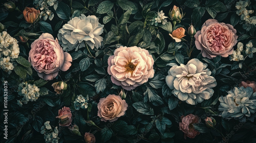 Fototapeta premium Beautiful floral arrangement featuring various roses and peonies in soft pastel colors on a dark background, creating an elegant and romantic atmosphere.