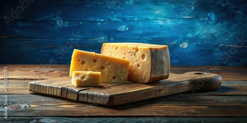 A Rustic Wooden Cutting Board Displaying Three Pieces of Creamy Swiss Cheese With Air Holes Against a Blue Wooden Background photo