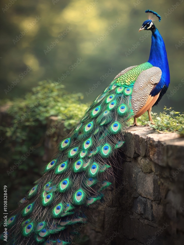 Obraz premium Radiant peacock displaying its beauty on an ancient stone wall in a lush natural environment conceptual art perspective