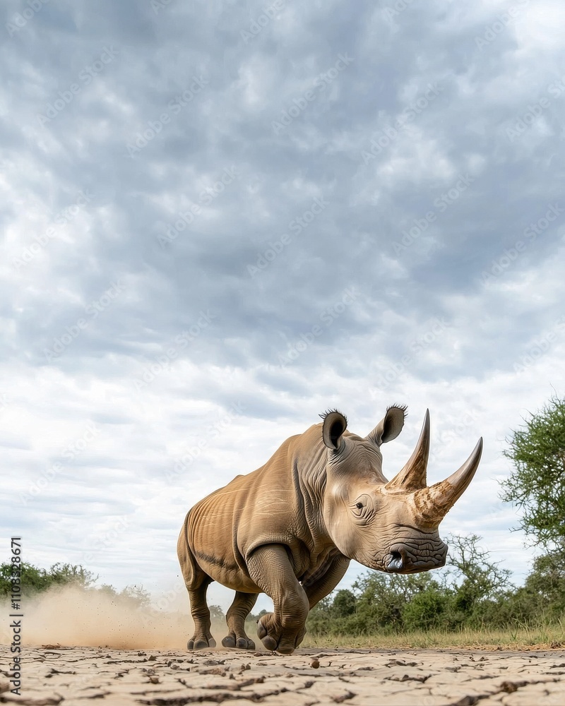 Fototapeta premium Rhinoceros charging across cracked savanna nature scene wildlife dramatic environment conceptual action